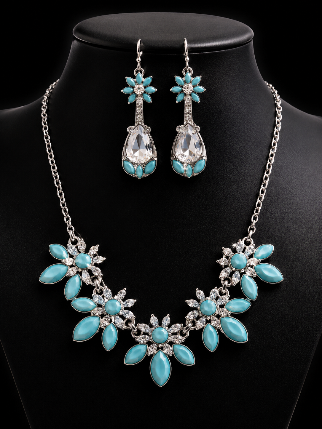 Turquoise floral crystal necklace and earring set on Instagram